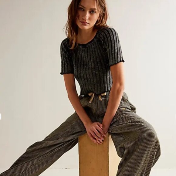 Free People  We The Free Meant To Be Ribbed Cropped Tee, Black, Size Large - Picture 1 of 14